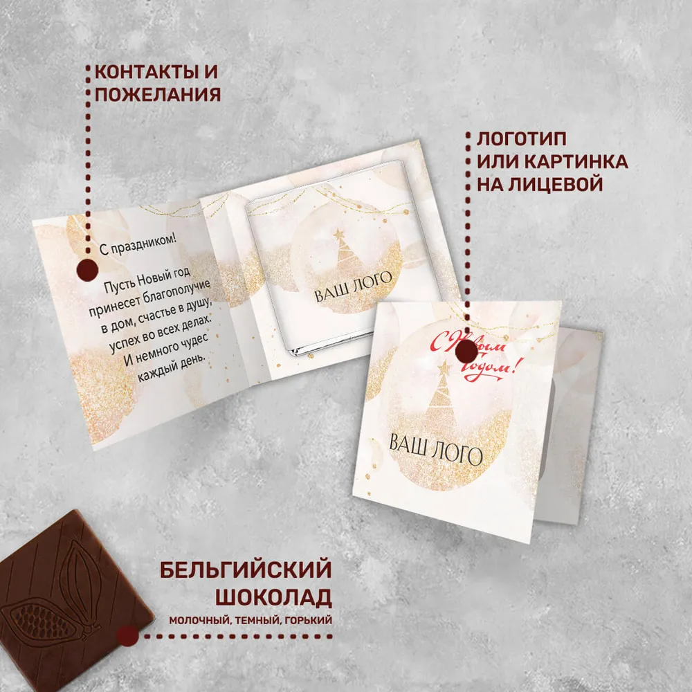Мини-открытка и 5гр шоколад с логотипом новогодний брендированный